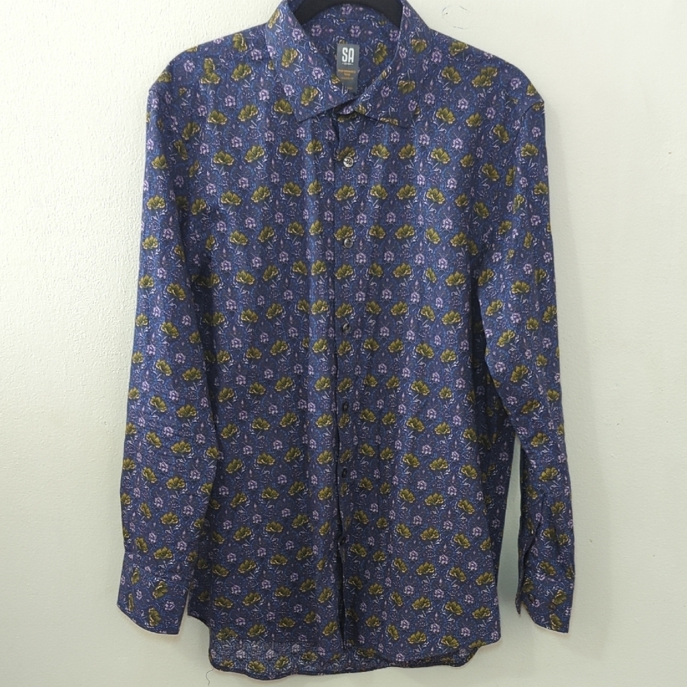 Stacy Adams Floral Dress Shirt Purple Blue Pink Yellow Modern Fit Men 16.5 34/35